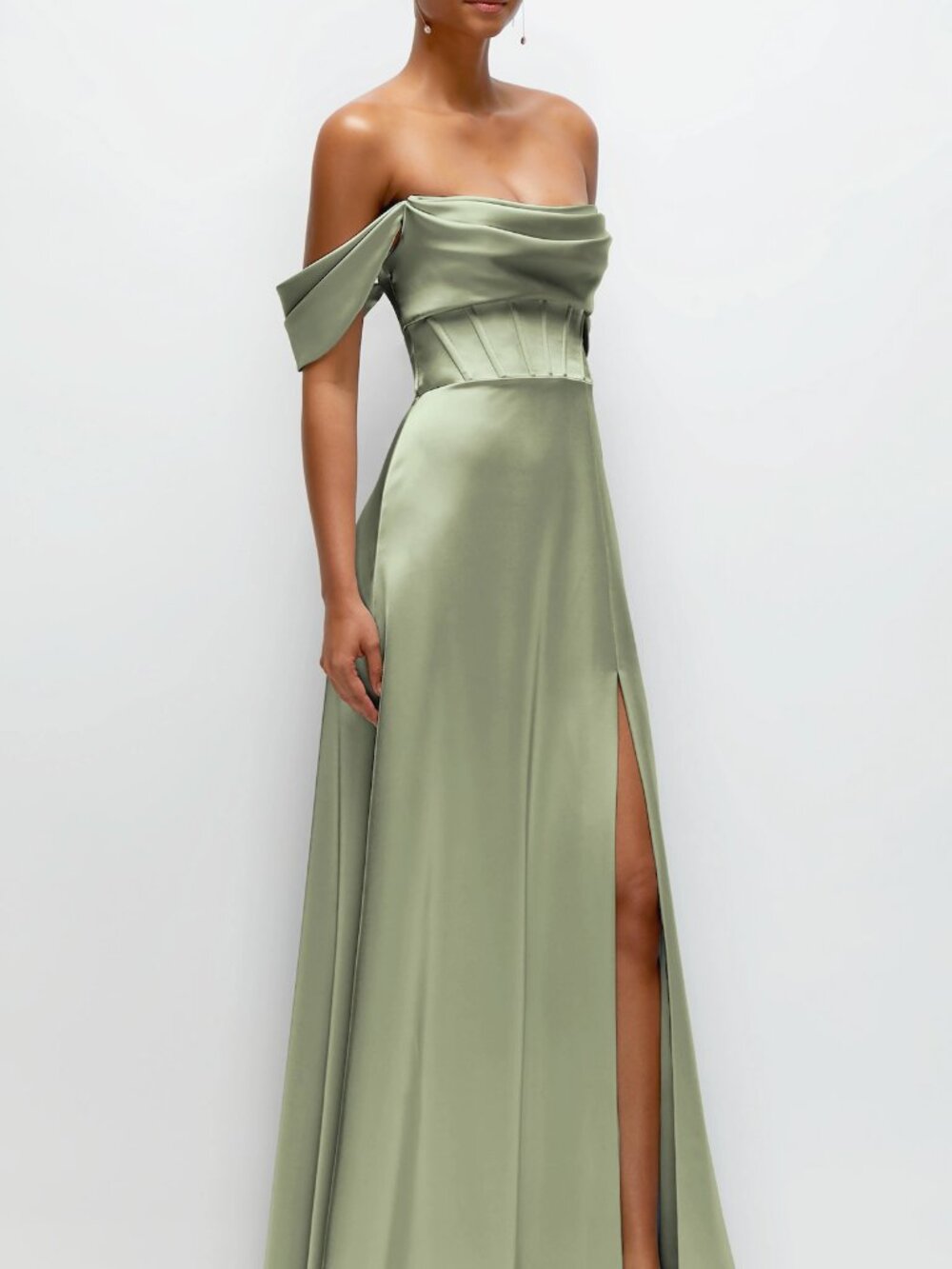 Off the Shoulder Satin Charmeuse Gown with Removable Sleeves - Sage color